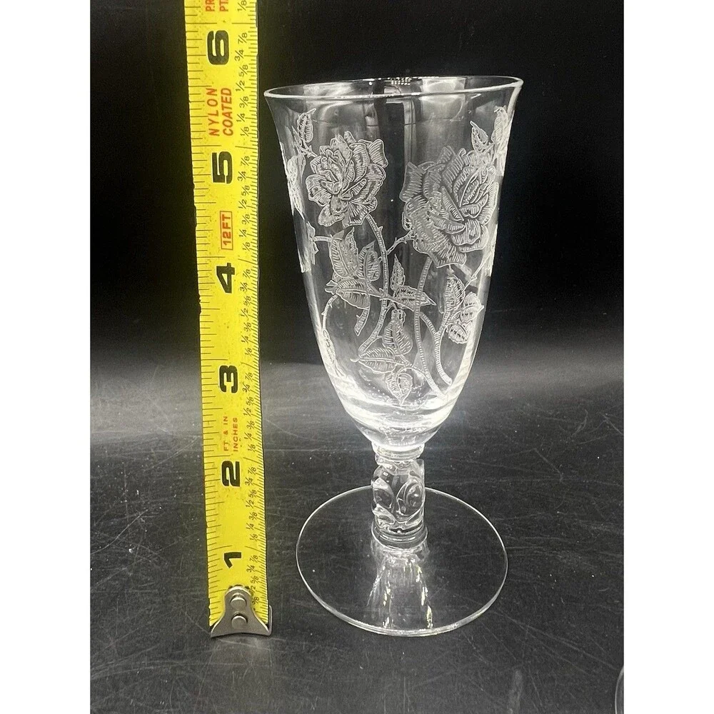 Heisey Rose Etched Crystal Water Goblets Set of 6 Vintage 5.5” Original Labels